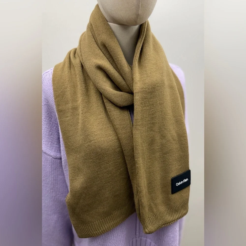 Calvin Klein Knit Scarf Tan Brown Minimal Logo Soft Acrylic Winter Unisex